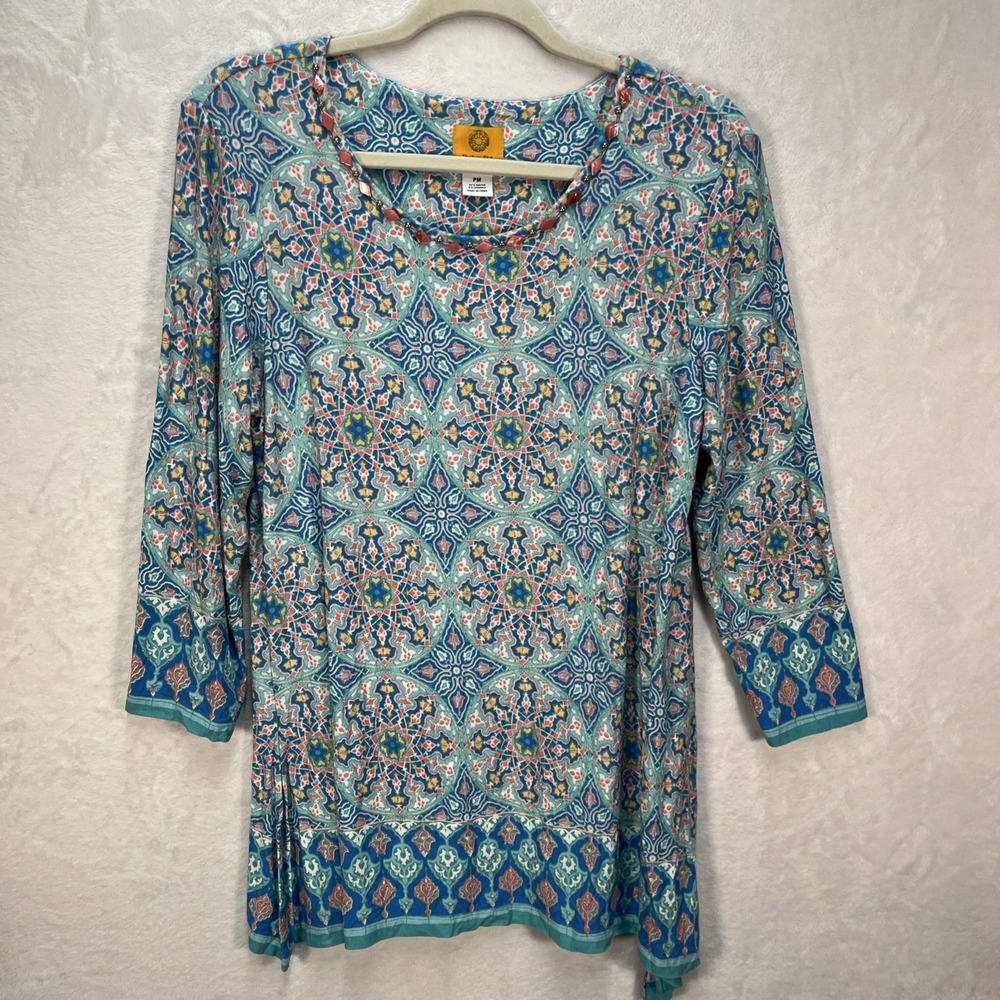 Ruby Rd Geometric Top Petite Womens Medium PM Beaded Neck 3/4 Sleeve Tunic Shirt